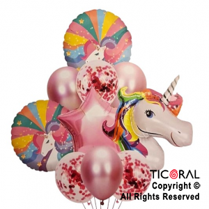 SET DE GLOBOS METALIZADOS UNICORNIO Y LATEX CON CONFETI x 10 UNIDADES